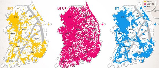 LTE 대동여지도. SK텔레콤, LG유플러스, KT(왼쪽부터)
