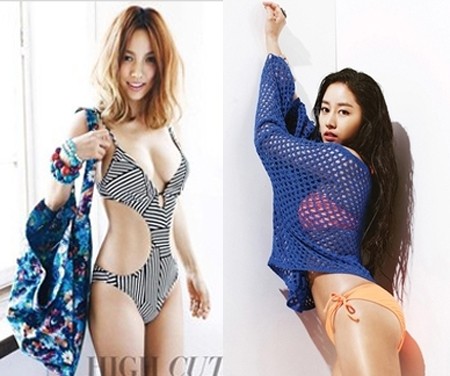 수영복 자태를 뽐내고 있는 이효리와 전혜빈. 사진 출처=하이컷, 아레나.