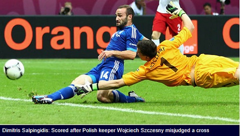 폴란드와 조별 리그에서 0-1로 뒤진 후반 4분 동점 골을 터뜨리고 있는 그리스살핑기디스. / 스카이 스포츠 캡처