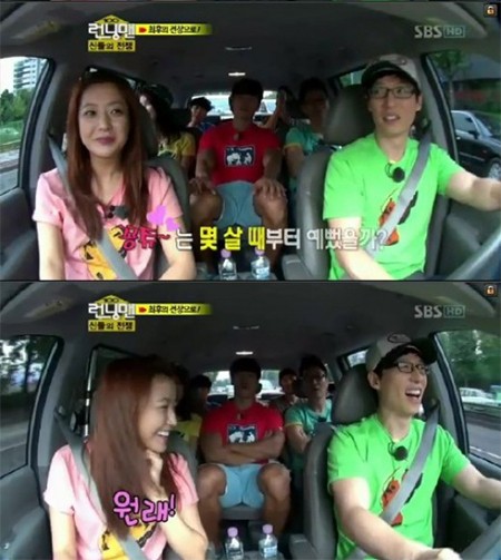 김희선(왼쪽)이 자신의 외모에 자신감을 보여 시청자들을 웃음 짓게 했다. /SBS 일요일이 좋다-런닝맨 방송 캡처