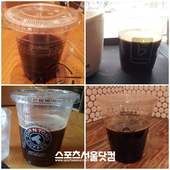 얼음을 제외한 아메리카노가 잔에 담겨 있다. 이들 평균 용량은 약 215ml로 아메리카노 보다 140ml이상 용량이 작다.