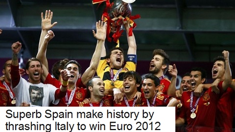 스페인 선수들이 이탈리아를 꺾고 유로 2012 정상에 오른 뒤 기뻐하고 있다. / BBC 캡처