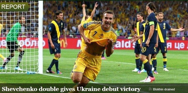 우크라이나의 축구영웅 셰브첸코는 스웨덴전에서 머리로만 두 골을 터뜨려 2-1 역전승을 이끌었다 . / UEFA.com 캡처