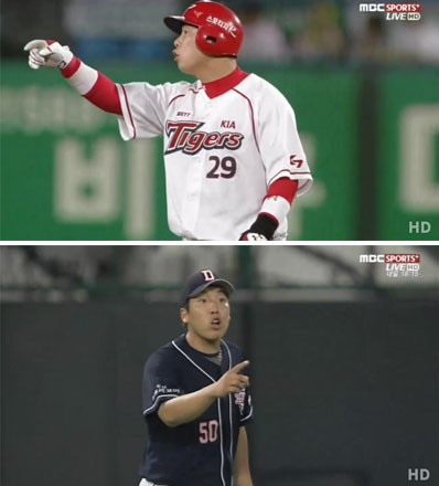 심하게 말다툼을 벌이고 있는 KIA 나지완(위)과 두산 김현수. / MBC SPORTS + 중계 화면 캡처