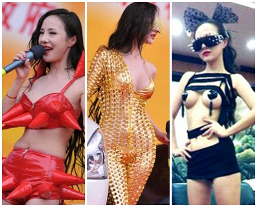 국내에서 노출녀로 잘 알려진 모델 간루루가 중국 쿤밍 모터쇼에서 엽기적인 패션을 선보였다./웨이보