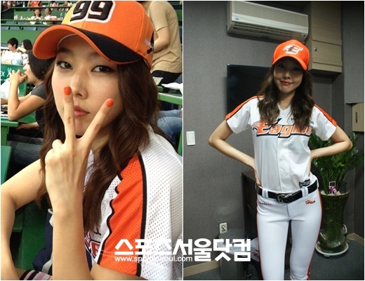 한혜진이 한화 시구자로 나서며 매니큐어 컬러를 맞추고 특별 제작한 야구팬츠를 입어 관심을 모으고 있다./에스팀 제공
