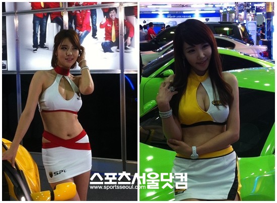 12일 서울 삼성 코엑스에서 열린 2012 서울오토살롱에서 레이싱걸들이 각종 튜닝카 옆에서 포즈를 취하고 있다./황준성 기자