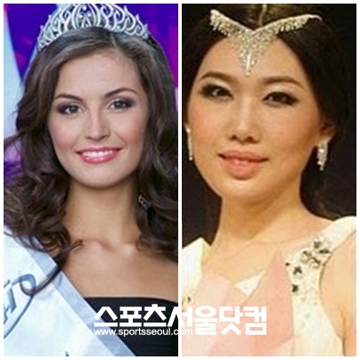 미스 벨라루스 2012 우승자 율리아 스카루코비치(왼쪽)와 충칭결선대회 1위 옌밍/미스 벨라루스 홈페이지, 중국 웨이보