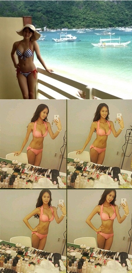 한그루(위)와 오초희가 육감적인 비키니 자태를 뽐내고 있다. /한그루 트위터, 오초희 미투데이