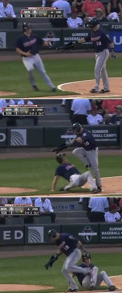 25일 배트 보이의 태클(?)을 피하고 있는 미네소타 트윈스의 라이언 두밋./ MLB KOREA 유튜브 채널 영상 캡처