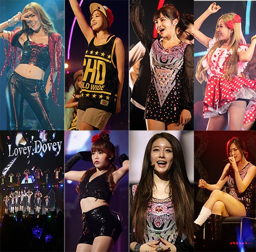 일본 부도칸에서 팔색조 매력을 뽐낸 티아라 멤버들. 효민, 은정, 보람, 큐리, 화영, 지연,소연(왼쪽 위부터 시계방향으로). /코어콘텐츠미디어 제공