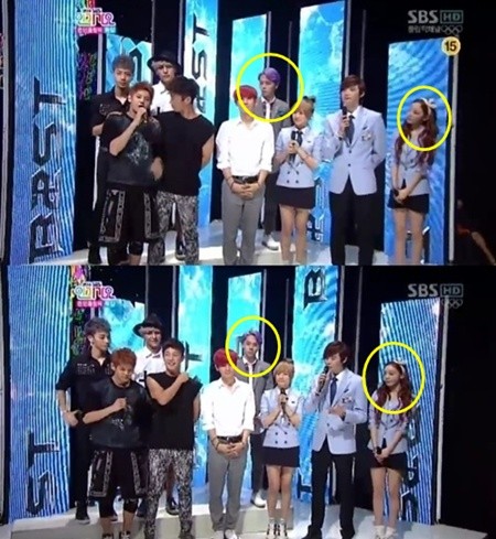 공식 연인 사이인 비스트의 용준형(왼쪽 동그라미)와 카라의 구하라(맨 오른쪽)가 한 무대에서 시선을 피한 채 어색한 분위기를 만들고 있다./SBS 인기가요 방송 캡처