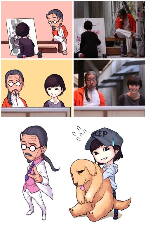 소설가 이외수가 조카가 그린 그림이라며 공개한 구혜선과 자신의 그림(위 왼쪽과 아래). 구혜선이 트위터에 올렸던 사진들을 그린 것이다./이외수 트위터, 구혜선 트위터