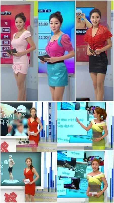 과감한 의상으로 화제를 모은 방송인 원자현의 지난 2010년 광저우 아시안 게임 당시 방송 모습(위)와 2012 런던 올림픽 방송 모습./MBC 화면캡처