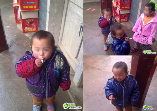 중국 네티즌에게 충격을 주고 있는 어린이 흡연 사진들./마오푸 캡처