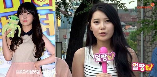 가수 아이유(왼쪽) 닮은 꼴 양길진 씨가 노래를 부르고 있다./코미디 TV 제공