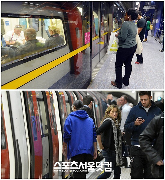 런던의 지하철은 극히 일부 구간만 스크린도어가 설치돼 있습니다(위). 하지만 승하차시 시민들의 에티켓 문화를 보면 스크린 도어의 필요성에 의구심을 갖게 됩니다.