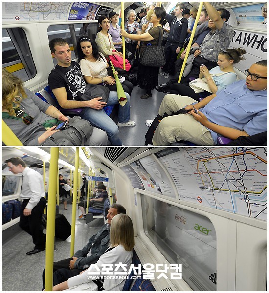 승객들로 붐비는 지하철(위)과 한가한 지하철 내부.