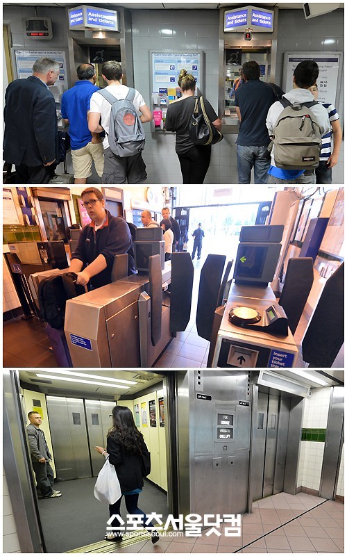 교통카드 충전 후 개찰구를 통과해 플랫폼으로 들어가는 승객들(위). 일부 역에서는 승객들이 계단 및 에스컬레이터 대신 대형 엘리베이터를 이용해 플랫폼으로 이동합니다(아래).