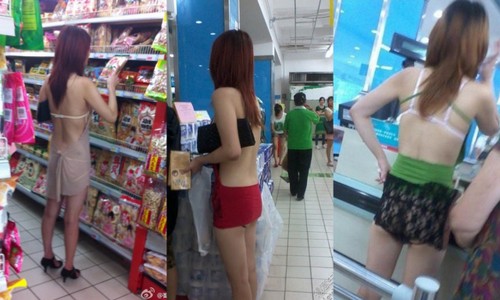 우한시 마트에 출몰하는 마트 노출녀의 사진./웨이보, 더이닷컴 캡처