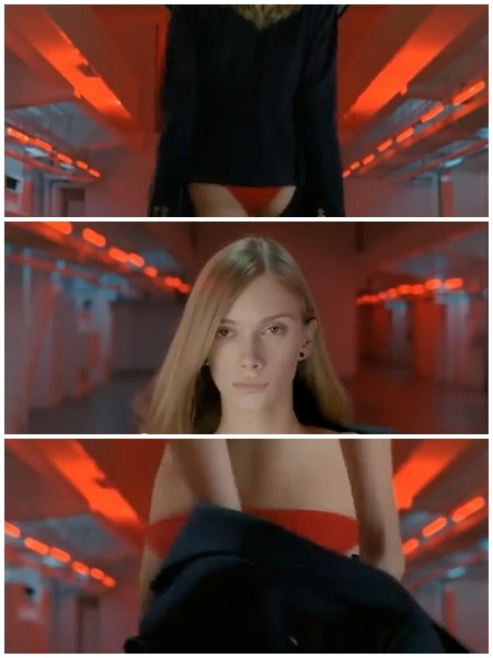 도요타 신형 오리스 광고 도입부에 금발의 젊은 여성으로 보이는 인물이 상의를 노출하면서 등장한다./ 유튜브 영상 캡처