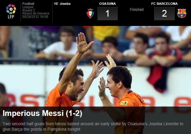 리오넬 메시가 2경기 연속 2골을 몰아치는 쾌조의 골 감각을 과시하며 바르셀로나의 2연승 선두 질주를 이끌었다. / 바르셀로나 홈페이지 캡처