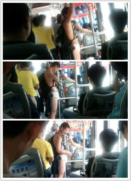 중국 푸저우시에서 속옷에 백팩만 착용하고 시내버스를 탄 남성이 시민들을 경악케 했다./웨이보 캡처