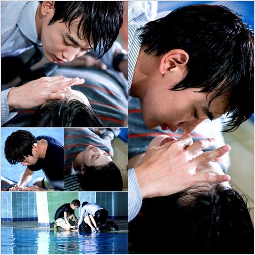 SBS 아름다운 그대에게의 민호와 설리가 인공호흡 키스신을 연기하고 있다./SM C&C 제공