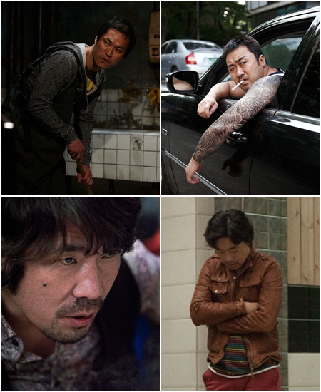 영화 이웃사람에 출연한 김성균과 마동석, 공모자들에서 열연한 조달환과 오달수(왼쪽 위부터 시계방향)./영화 스틸컷