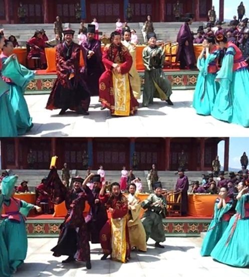 MBC 무신 출연진들이 사극 분장을 하고 세트장 한복판에서 강남스타일 말춤을 선보였다./해당 영상 캡처