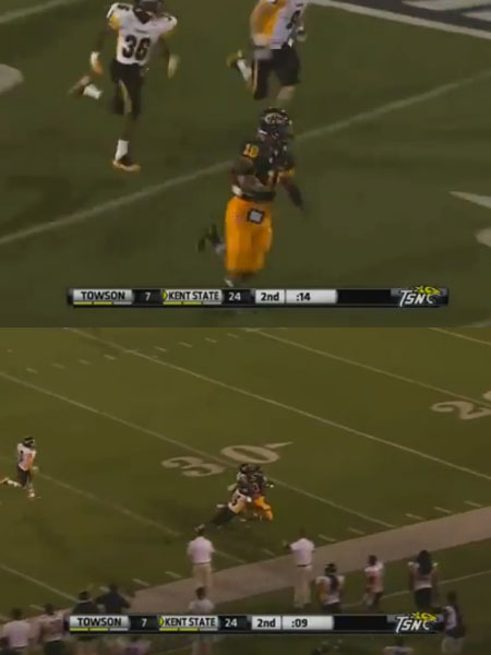 미식축구에서 선수가 공격 방향을 착각해 역주행하는 해프닝이 일어났다 / 유투브 영상 캡처