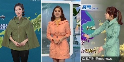 우비를 입은 김자민, 정혜경, 박신영 기상캐스터./ KBS, MBC 기상예보 캡처