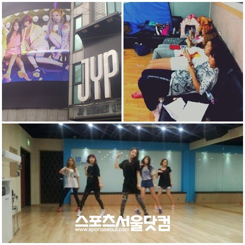 JYP의 연습실에서 안무를 익히는 원더걸스(아래)와 휴식을 취하고 있는 미쓰에이(위 오른쪽)./심재걸 기자, JYP엔터테인먼트 제공, 미쓰에이 트위터