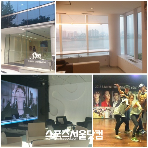 SM엔터테인먼트의 청담동 사옥. 한강을 바라보는 전망과 로비의 대형 LED 스크린이 유명하다./심재걸 기자·황상국 트위터