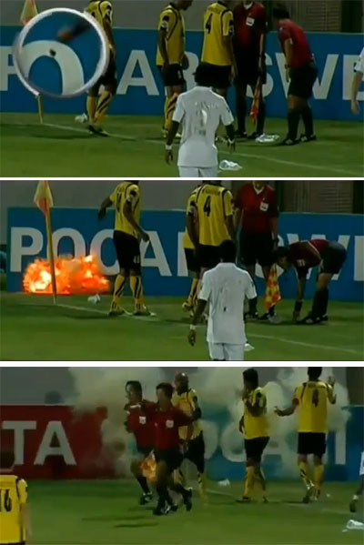 19일(한국시각) 이란 중부 이스파한의 풀라드 샤흐르 스타디움에서 열린 세파한 SC(이란)와 알 아흘리(사우디아라비아)의 8강 1차전에서 폭발물로 의심되는 물질이 터졌다. / 유튜브 영상 캡처