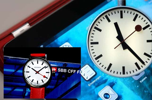 애플의 iOS6 업데이트에 포함된 시계 어플리케이션 모양이 스위스 기차역 상징인 몬데인 시계(왼쪽 아래)와 똑같다는 주장이 나왔다.