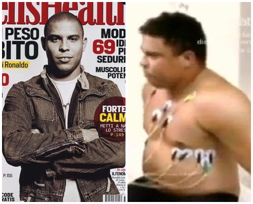 24일 브라질 다이어트 프로그램에 출연한 호나우두(오른쪽). 2007년 전성기 시절과 다른 모습으로 축구팬들을 깜짝 놀라게 했다./브라질 방송화면, 맨즈헬스표지(2007년 5월호)