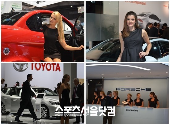 2012 파리모터쇼의 대다수 모델들은 안내를 돕거나 요청이 있을 때 자동차 옆에서 포즈를 취했다.