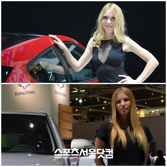 현대자동차 모델(위쪽)과 쌍용자동차 모델이 2012 파리모터쇼에서 포즈를 취하고 있다.