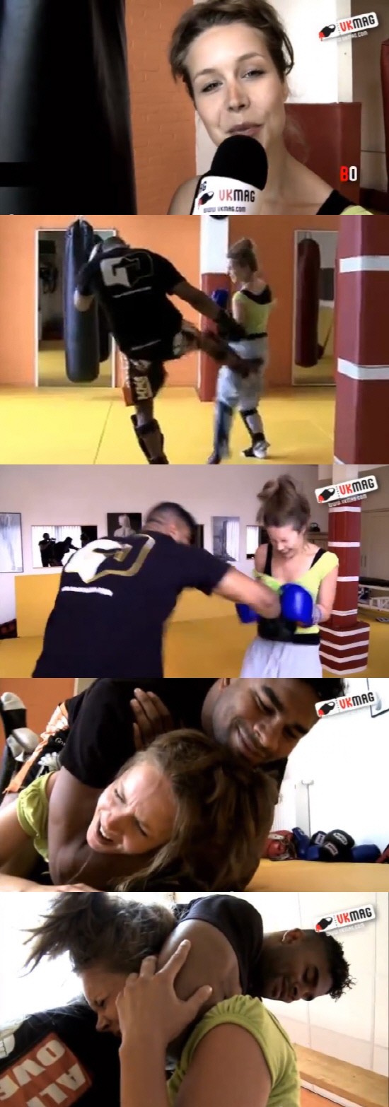 네덜란드 격투기 선수가 여성 리포터를 상대로 격투기술 시범을 보인 영상 장면/유튜브 영상 캡처