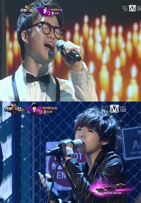 홍대광(위)과 유승우가 두 번째 생방송 경연에서 열창하고 있다. /엠넷 슈퍼스타K4 방송 캡처