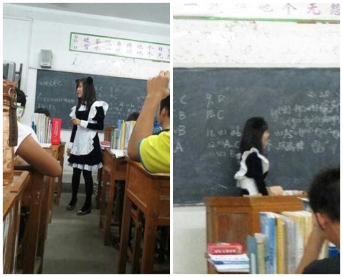 중국 한 여교사가 학생들과의 약속을 지키기 위해 메이드복을 입어 화제다./해당 영상 캡처