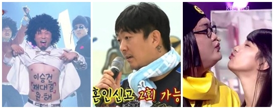 무한 예능 욕심으로 화제가 된 스타들. 왼쪽부터 박성광 LJ 김준현・수지. / KBS 개그콘서트,  KBS 출발드림팀2(가운데) 방송 캡처.