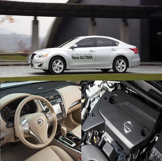 뉴 알티마의 측면부 디자인과 엔진룸, 날개형 구조의 실내 다지인(위쪽부터 시계방향)