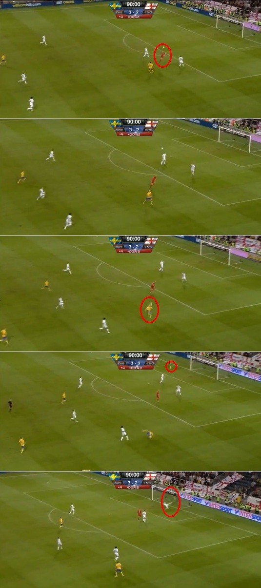 스웨덴의 즐라탄 이브라히모비치가 잉글랜드를 상대로 후반 추가시간에 자신의 4번째 골을 환상적인 오버헤드킥으로 마무리했다. / 유투브 영상 캡처