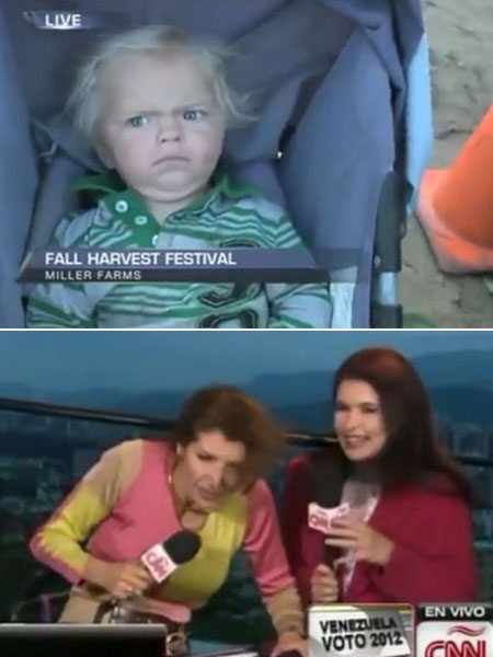 험상궂은 표정을 지은 아이(위)와 넘어진 조명에 깔린 여성 앵커들. / 해당 영상 캡처