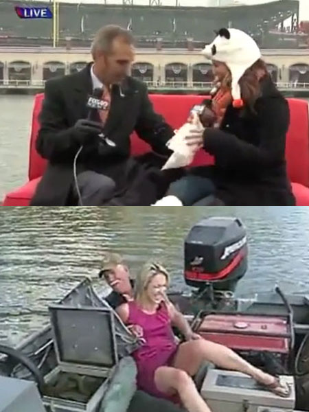 새똥 테러를 당한 남성 앵커(위)와 놀라 뒤로 넘어진 여성 리포터. / 해당 영상 캡처