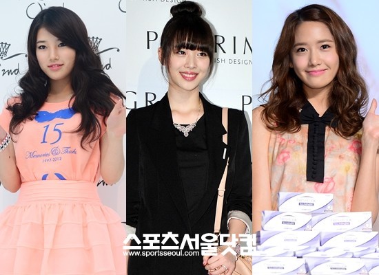아름다운 미모를 뽐내는 여자 아이돌 멤버들. 수지(왼쪽), 설리(가운데), 윤아. / 더팩트DB