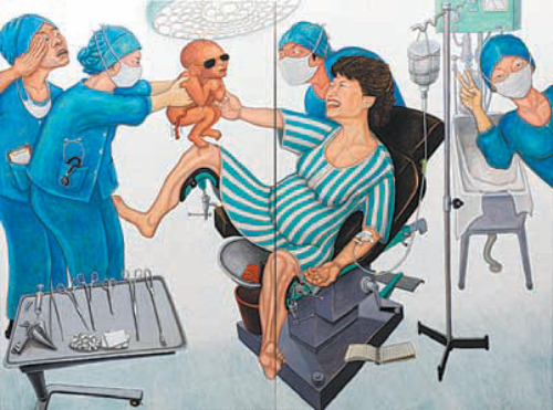 민중화가 홍성담씨의 골든타임-닥터 최인혁, 갓 태어난 각하에게 거수경례하다 작품이다. 선관위가 검찰에 수사를 의뢰한 박정희 뱀 그림은 현재 삭제됐다. / 사진출처=홍성담씨 블로그