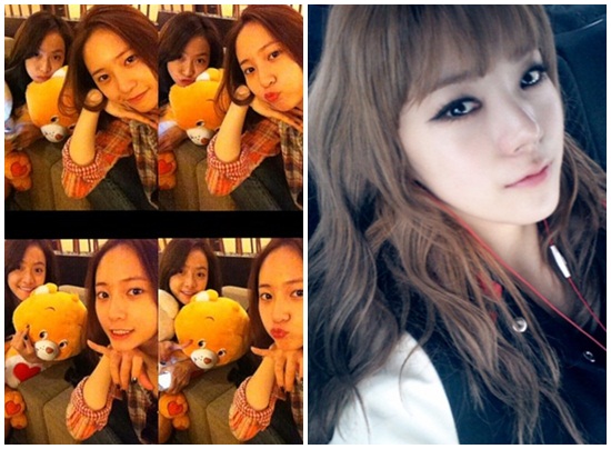 에프엑스 크리스탈과 빅토리아의 민낯 셀카(왼쪽)와 애프터스쿨 리지의 사진/크리스탈 미투데이, 리지 트위터